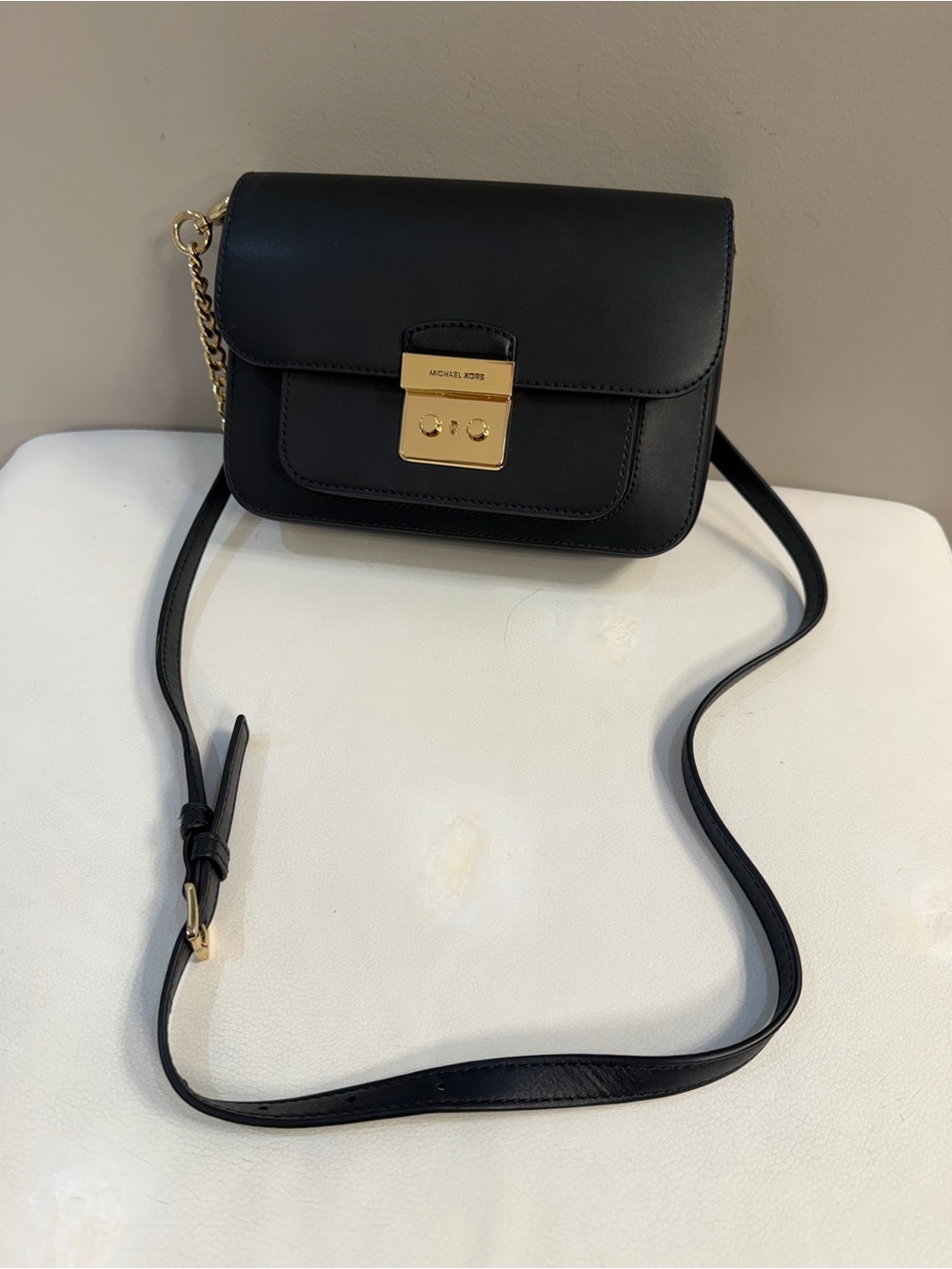 Michael Kors Black Leather Crossbody with Gold Lock and chain accent strap